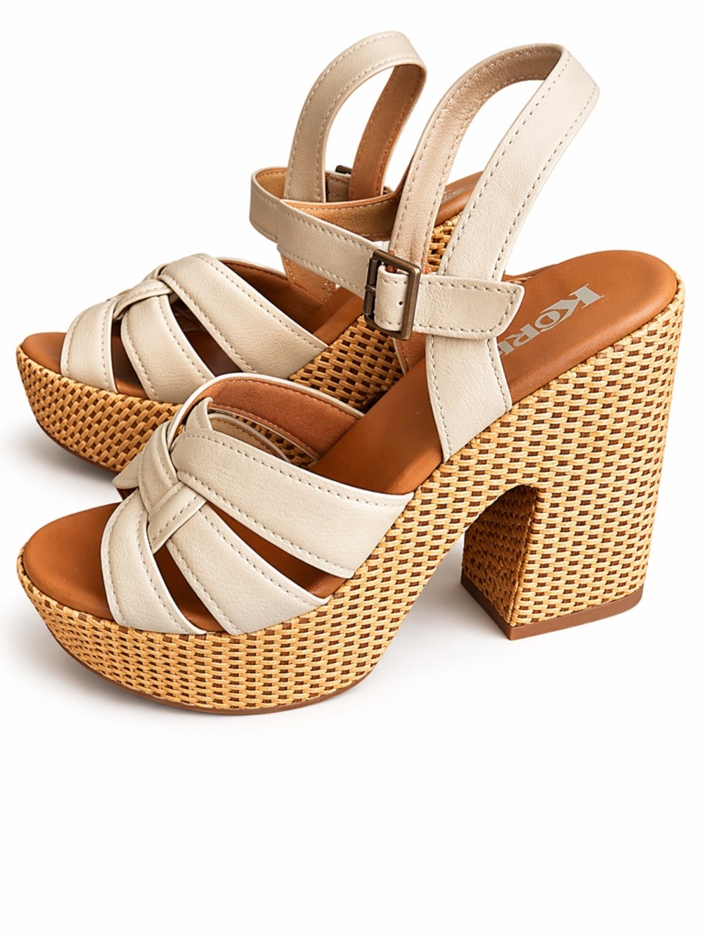 Korks Cream Woven Platform Sandal with Buckle Ankle Strap NWT